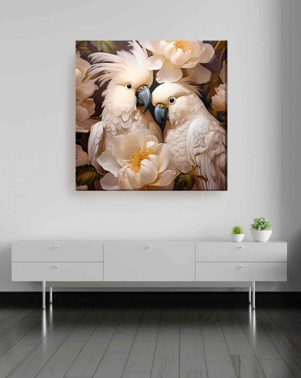 Cacatúas flores blancas