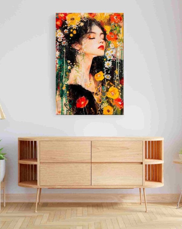 Mujer cabello negro flores