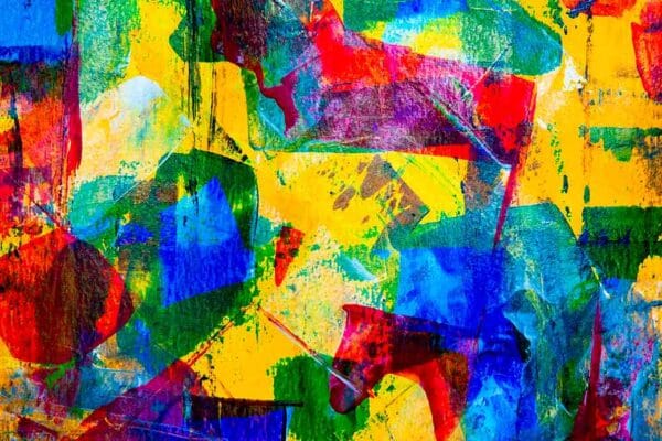 Pintura abstracta azul, amarillo y rojo - Image 2