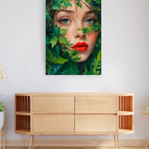 Mujer labios rojos hojas