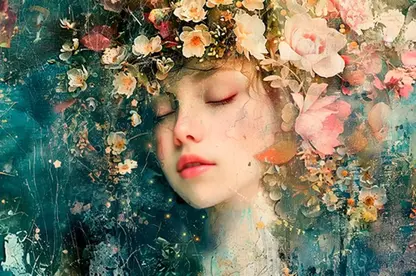 Canva de alta calidad que muestra a una hermosa mujer, la cual tiene una corona de flores en su cabeza