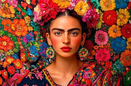 Retrato artístico de Frida Kahlo rodeado de una explosión de flores multicolor, estilo mural mexicano vibrante.