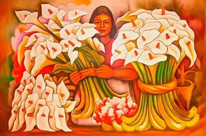 Pintura de una mujer mexicana con trenzas arrodillada abrazando dos grandes ramos de flores alcatraces blancos.